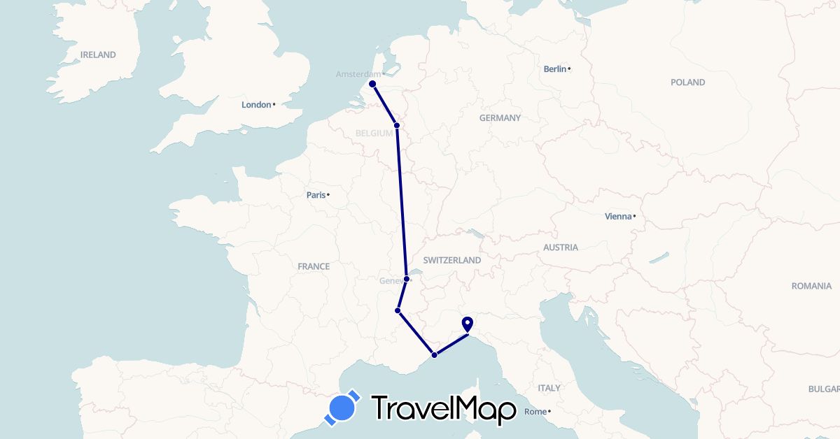 TravelMap itinerary: driving in Switzerland, France, Italy, Monaco, Netherlands (Europe)
